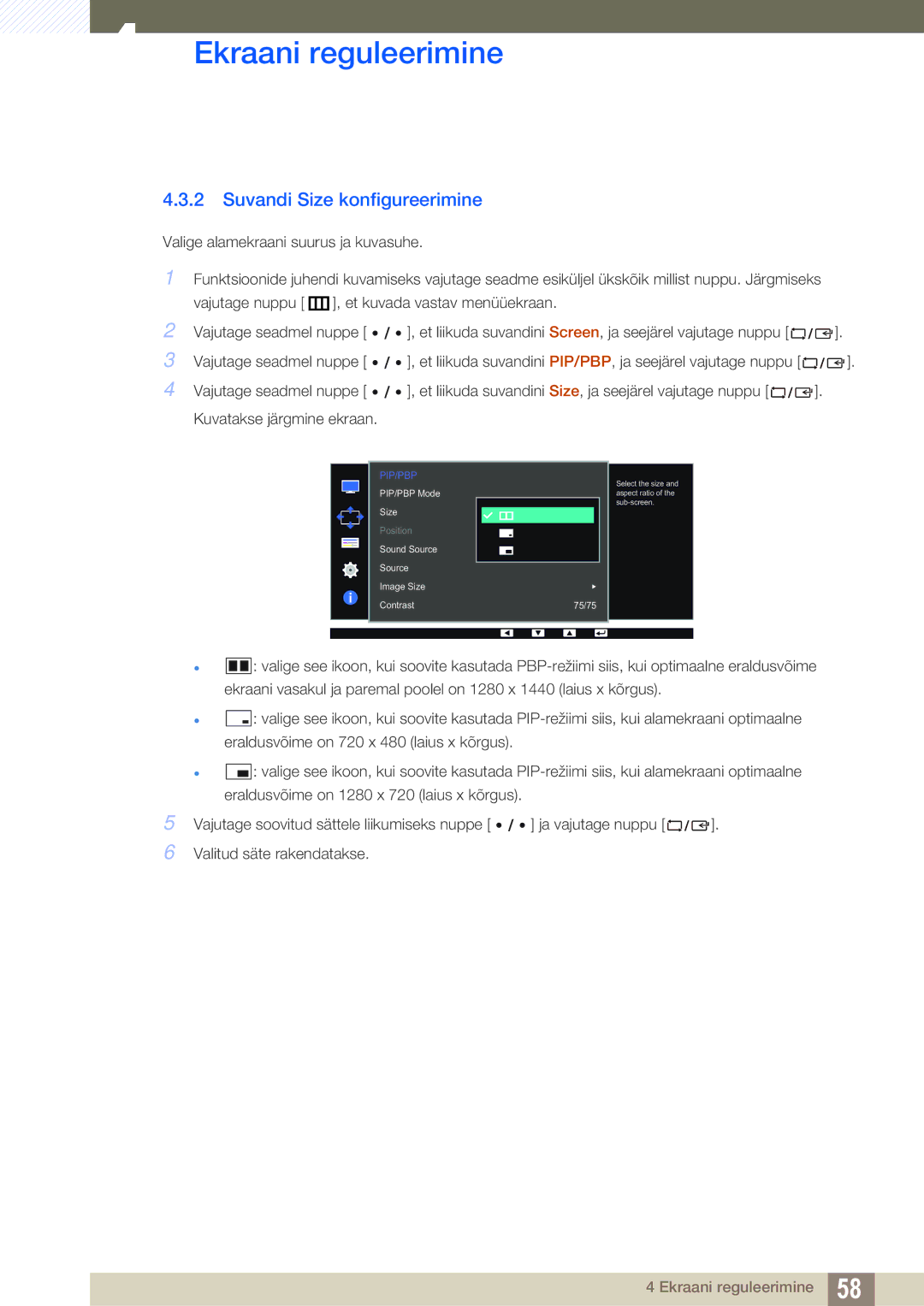 Samsung LS27D85KTSN/EN, LS32D85KTSR/EN manual Suvandi Size konfigureerimine, Pip/Pbp 