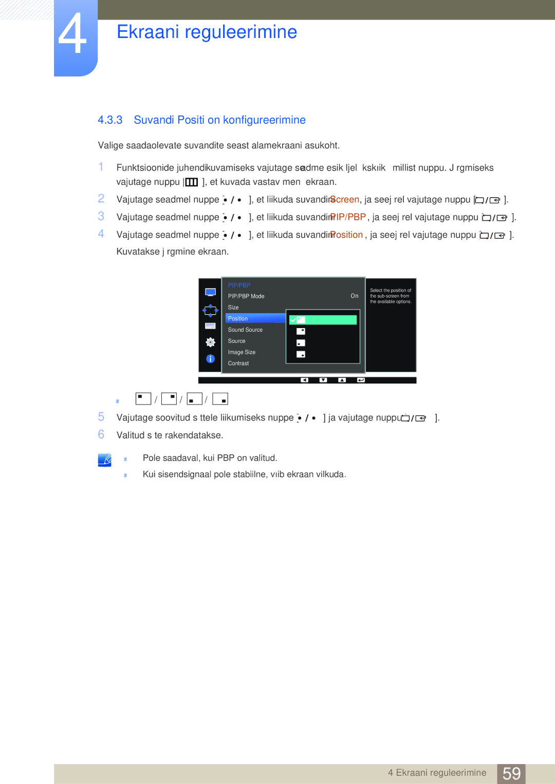 Samsung LS32D85KTSR/EN, LS27D85KTSN/EN manual Suvandi Position konfigureerimine 