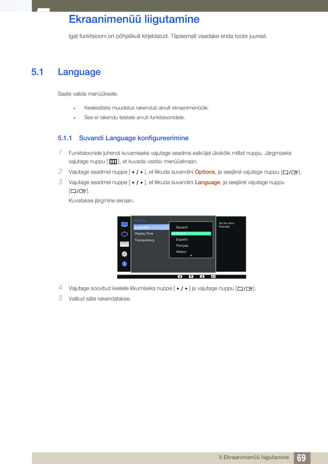 Samsung LS32D85KTSR/EN, LS27D85KTSN/EN manual Ekraanimenüü liigutamine, Suvandi Language konfigureerimine 