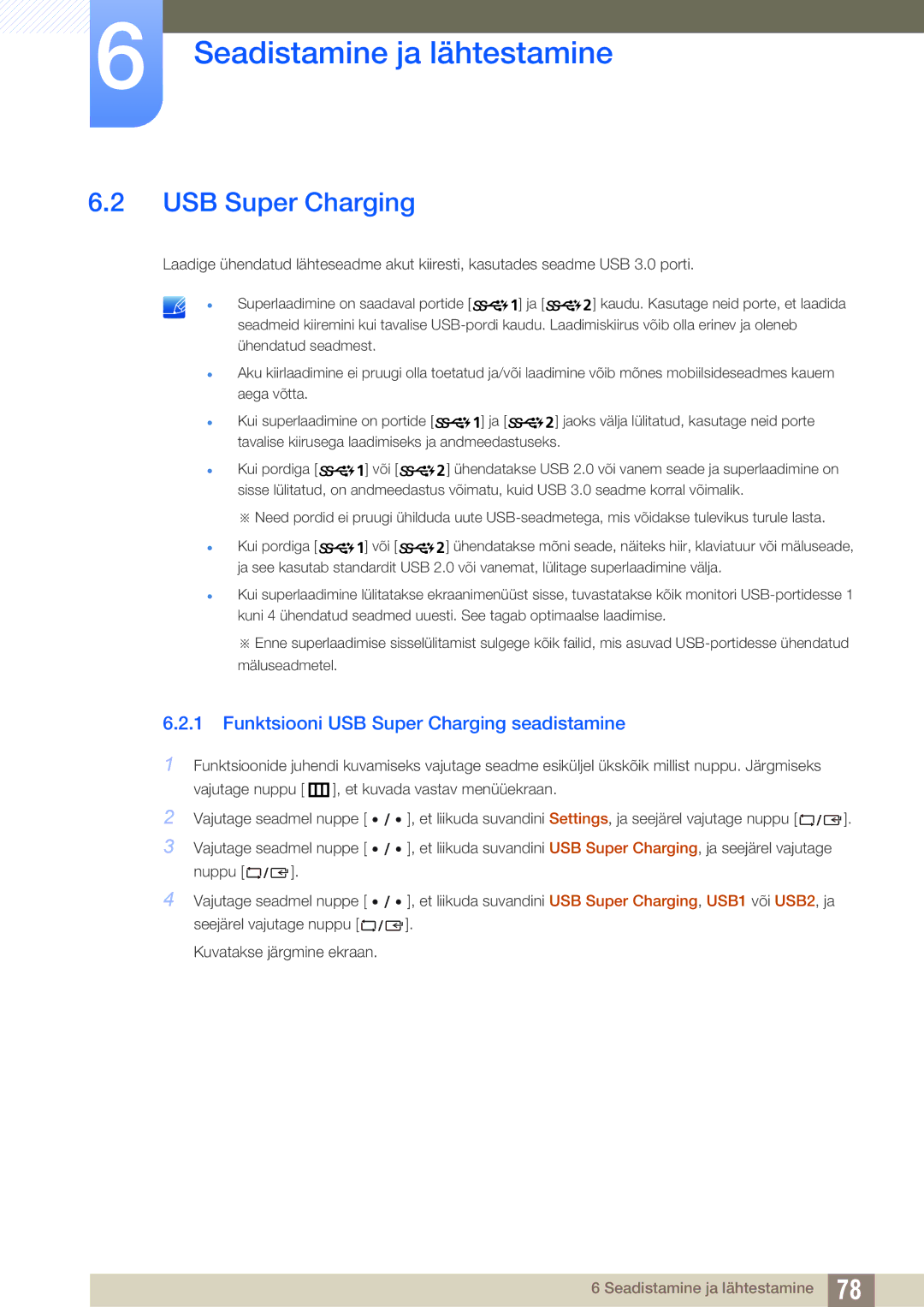 Samsung LS27D85KTSN/EN, LS32D85KTSR/EN manual Funktsiooni USB Super Charging seadistamine 