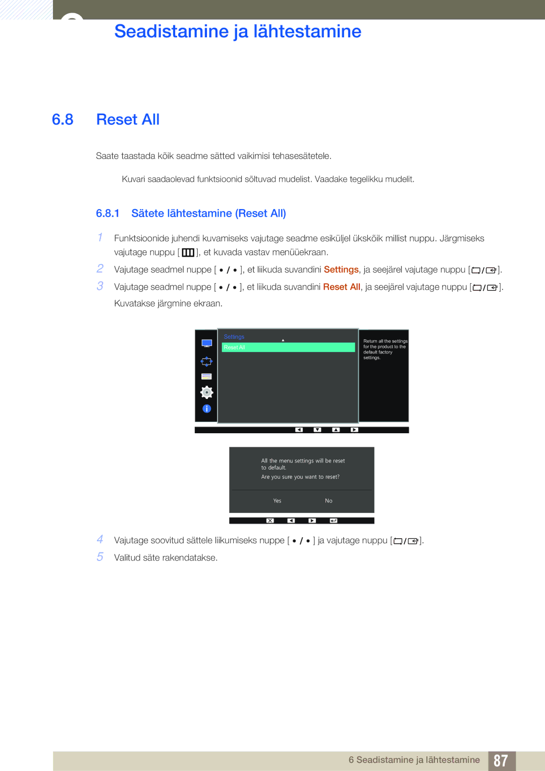 Samsung LS32D85KTSR/EN, LS27D85KTSN/EN manual 1 Sätete lähtestamine Reset All 