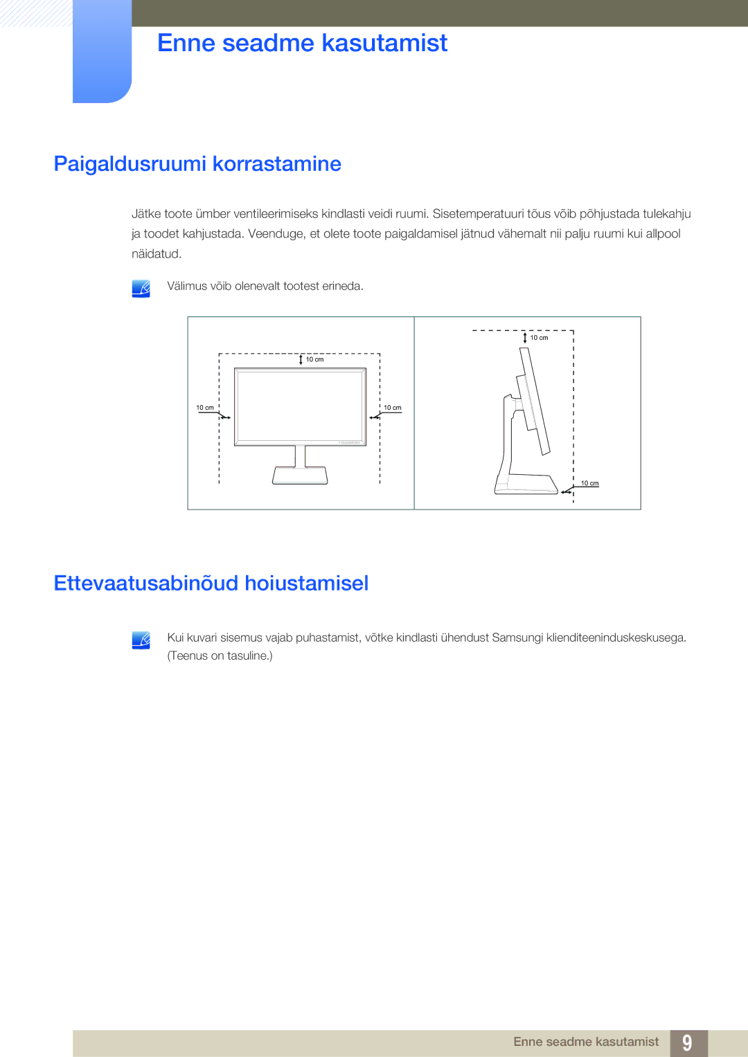 Samsung LS32D85KTSR/EN, LS27D85KTSN/EN manual Paigaldusruumi korrastamine, Ettevaatusabinõud hoiustamisel 