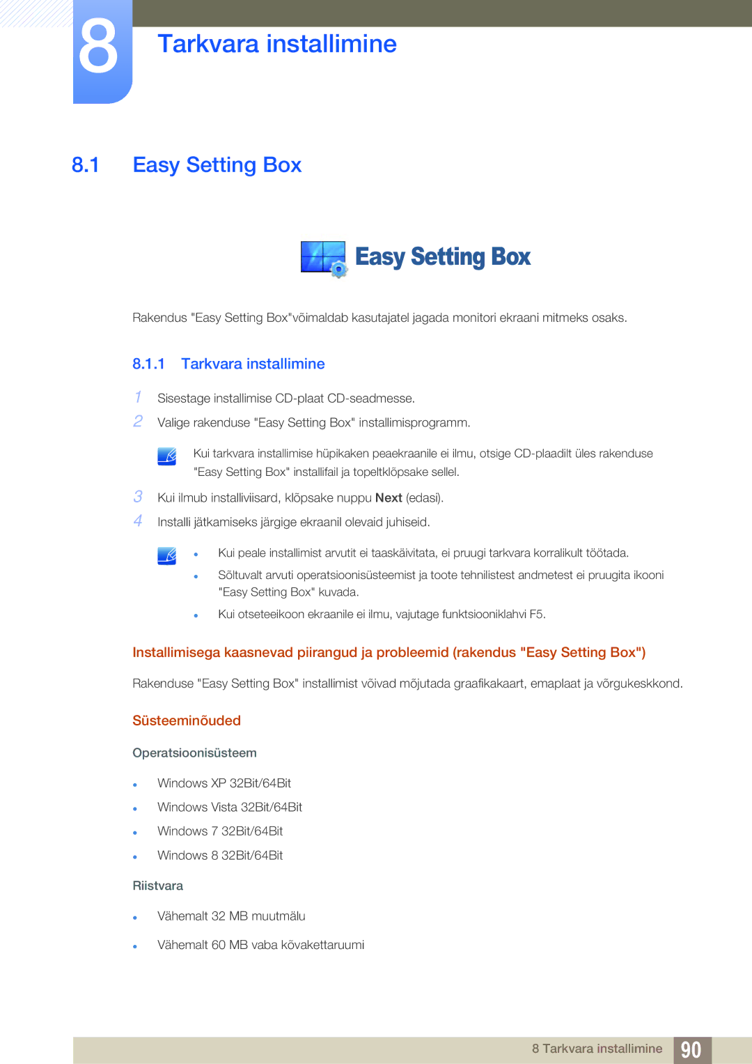 Samsung LS27D85KTSN/EN, LS32D85KTSR/EN manual Tarkvara installimine, Easy Setting Box, Süsteeminõuded 