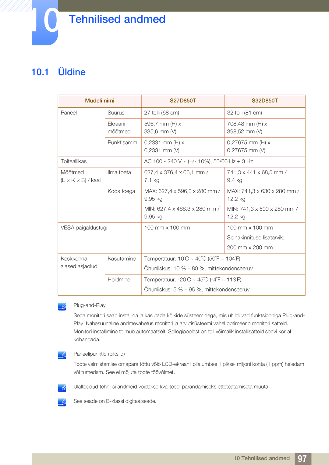 Samsung LS32D85KTSR/EN, LS27D85KTSN/EN manual Tehnilised andmed, 10.1 Üldine 