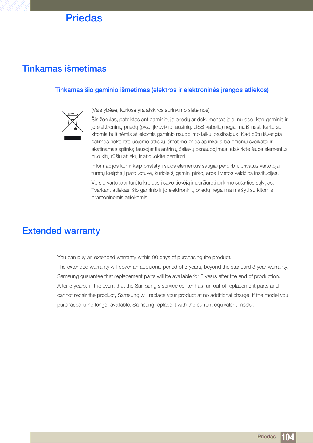 Samsung LS27D85KTSN/EN, LS32D85KTSR/EN manual Tinkamas išmetimas, Extended warranty 