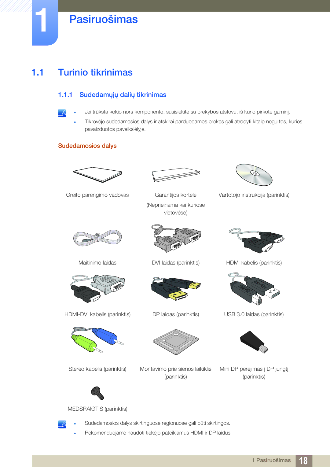 Samsung LS27D85KTSN/EN, LS32D85KTSR/EN Pasiruošimas, Turinio tikrinimas, Sudedamųjų dalių tikrinimas, Sudedamosios dalys 