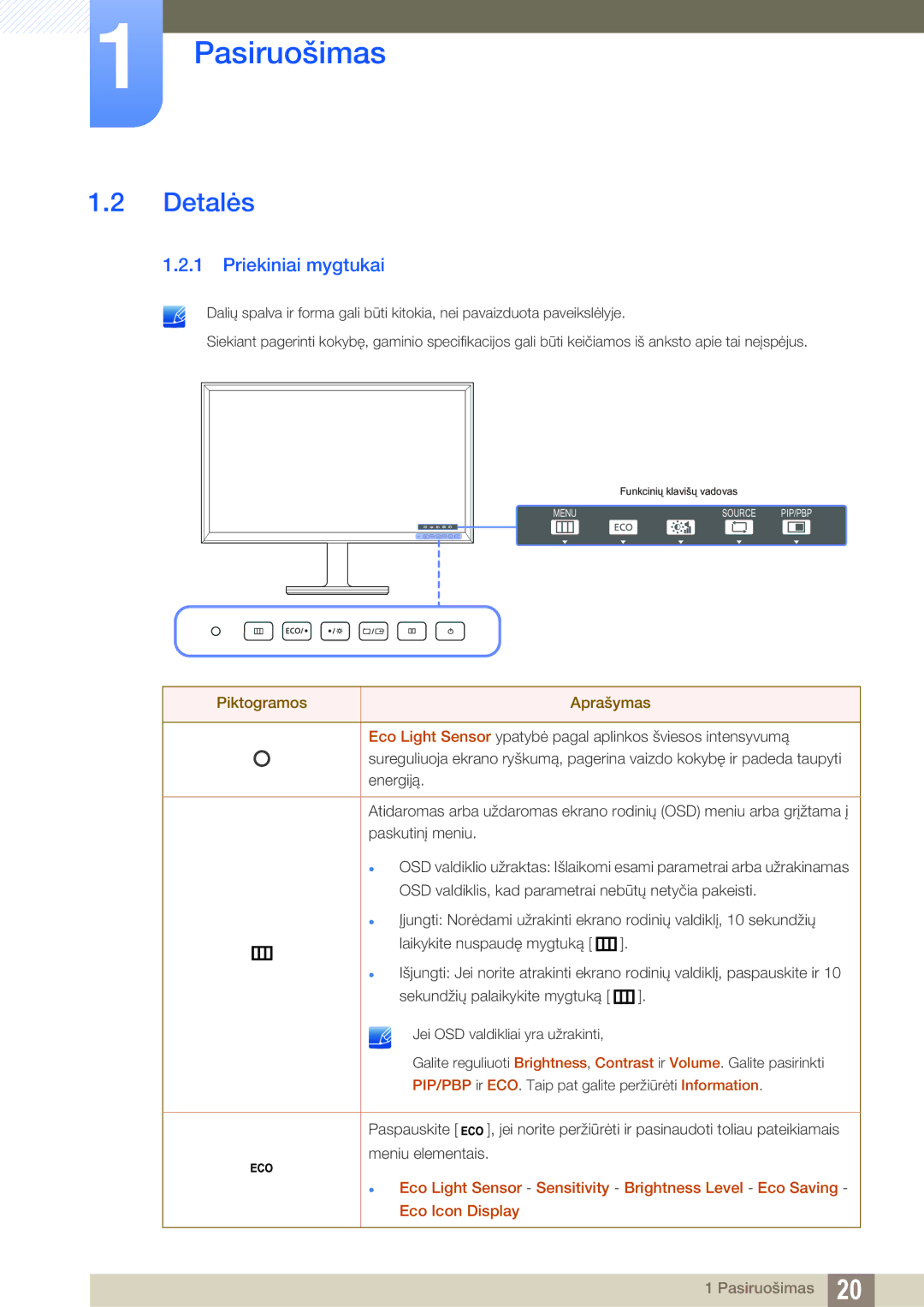 Samsung LS27D85KTSN/EN, LS32D85KTSR/EN manual Detalės, Priekiniai mygtukai 