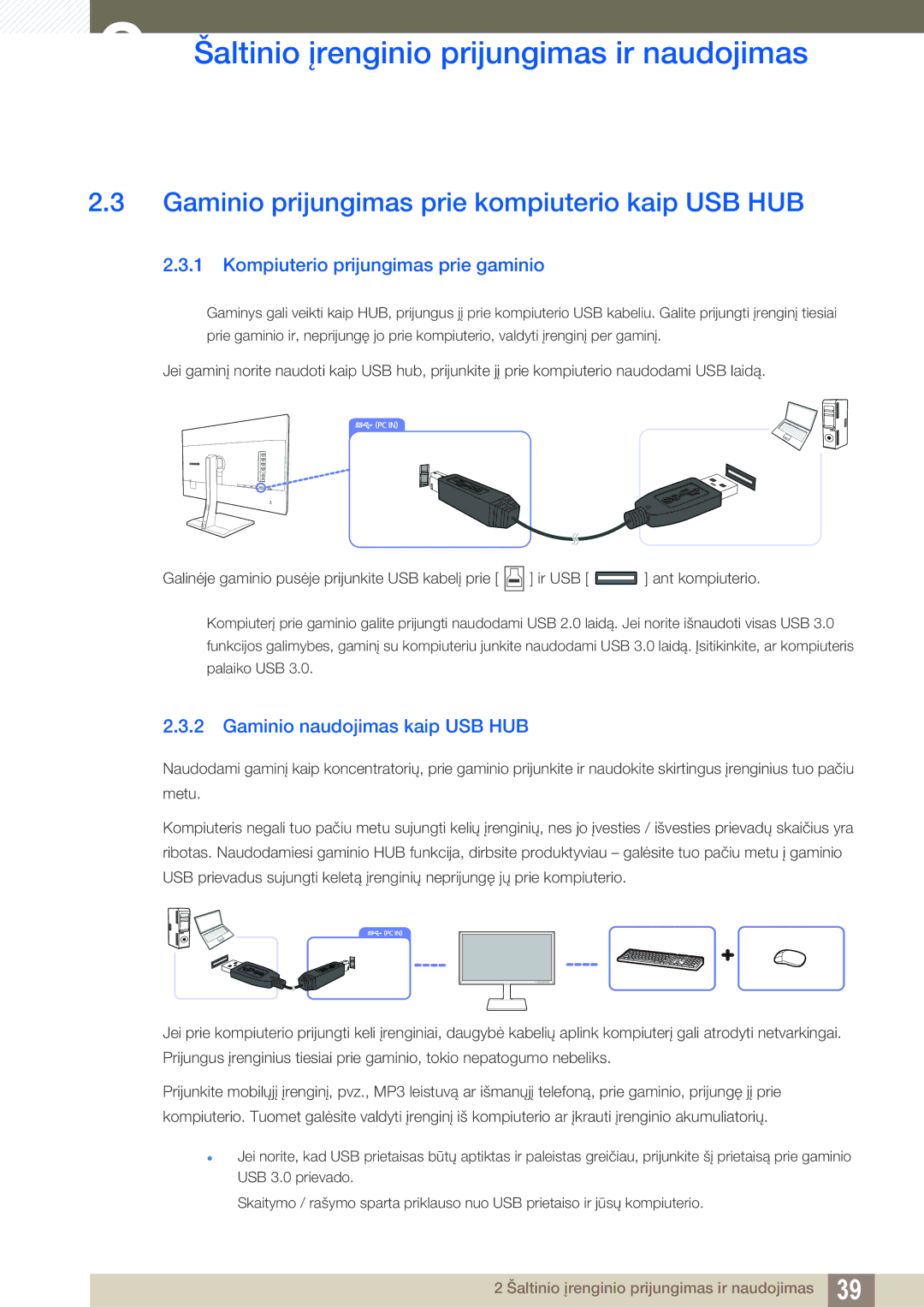 Samsung LS32D85KTSR/EN manual Gaminio prijungimas prie kompiuterio kaip USB HUB, Kompiuterio prijungimas prie gaminio 