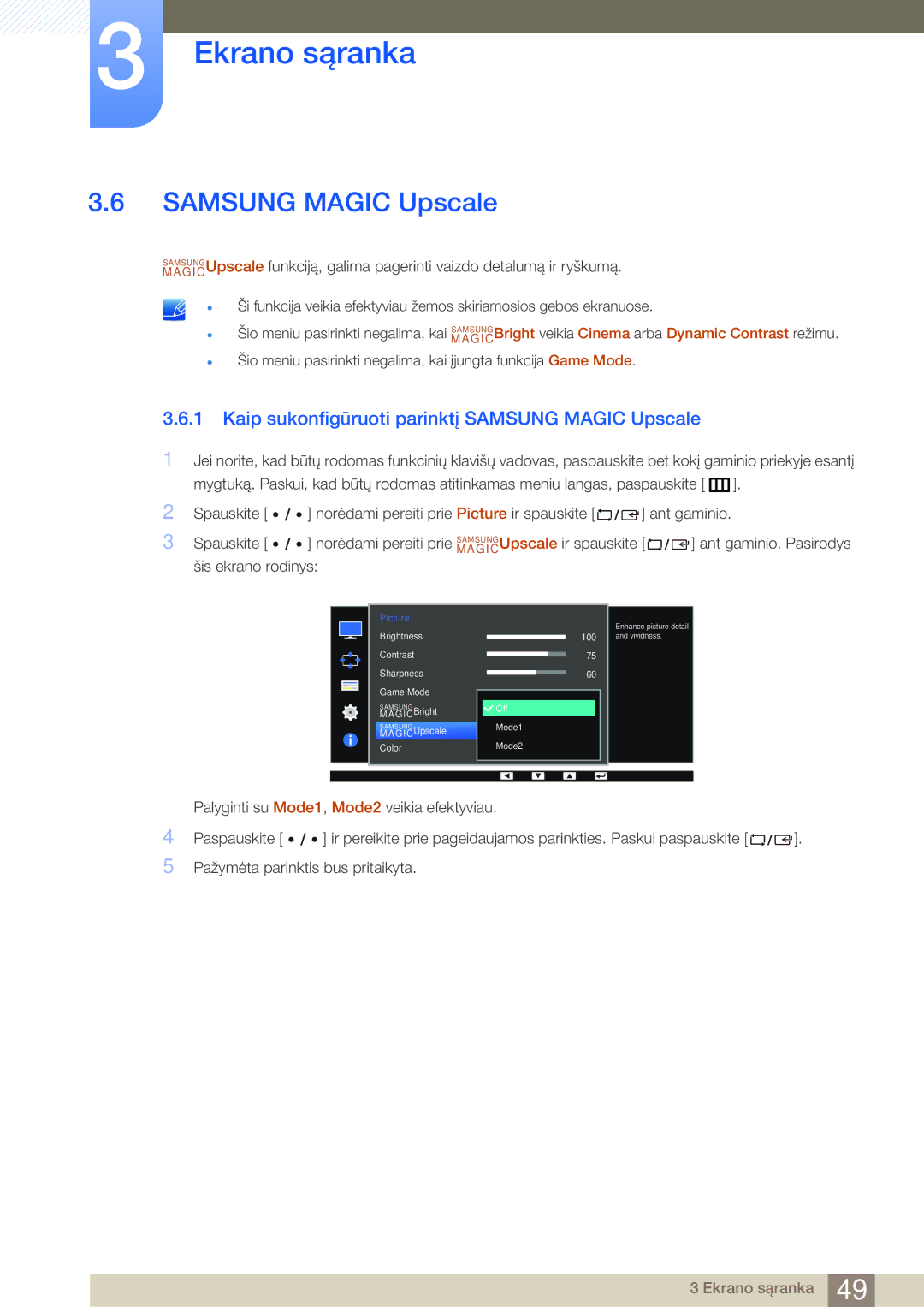 Samsung LS32D85KTSR/EN, LS27D85KTSN/EN manual Kaip sukonfigūruoti parinktį Samsung Magic Upscale 