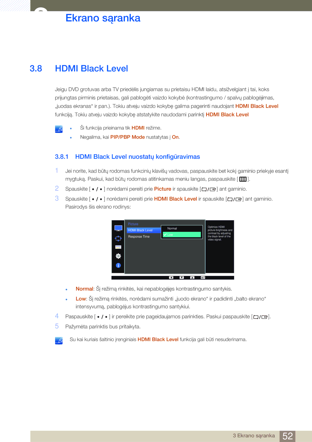 Samsung LS27D85KTSN/EN, LS32D85KTSR/EN manual Hdmi Black Level nuostatų konfigūravimas 