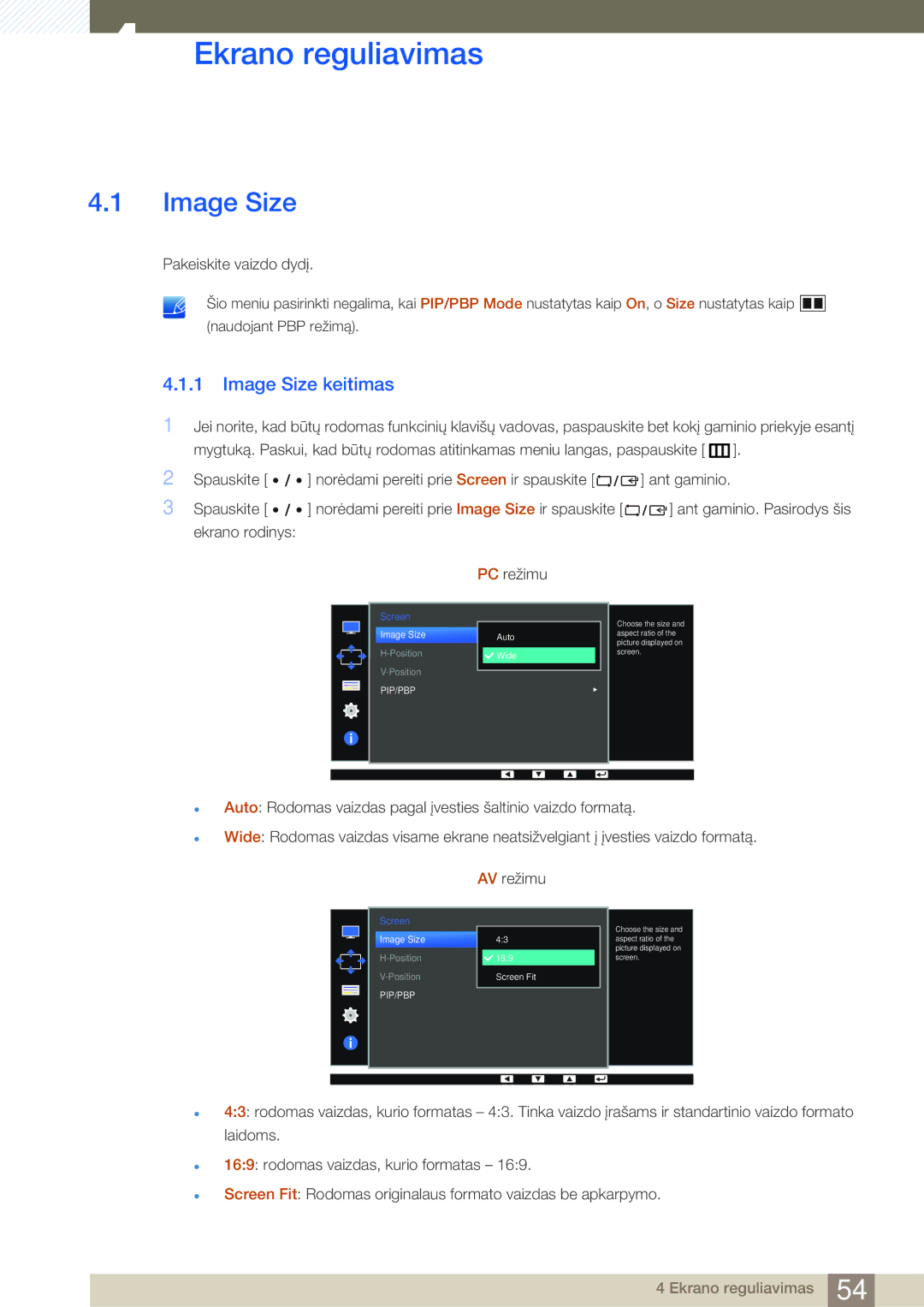 Samsung LS27D85KTSN/EN, LS32D85KTSR/EN manual Ekrano reguliavimas, Image Size keitimas 