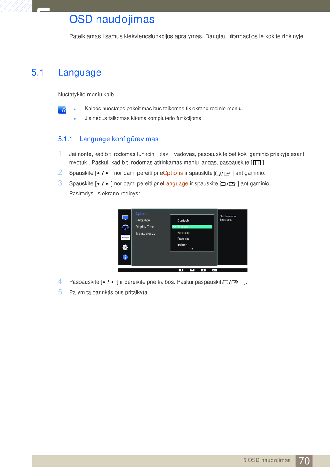 Samsung LS27D85KTSN/EN, LS32D85KTSR/EN manual OSD naudojimas, Language konfigūravimas 