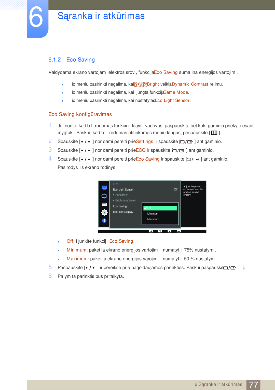 Samsung LS32D85KTSR/EN, LS27D85KTSN/EN manual Eco Saving konfigūravimas 