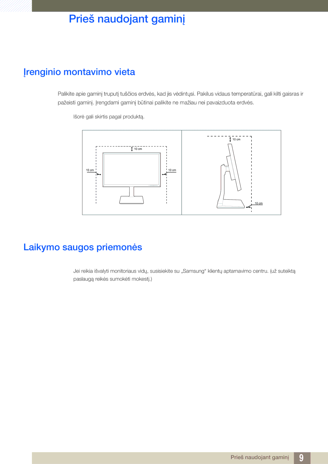 Samsung LS32D85KTSR/EN, LS27D85KTSN/EN manual Įrenginio montavimo vieta, Laikymo saugos priemonės 