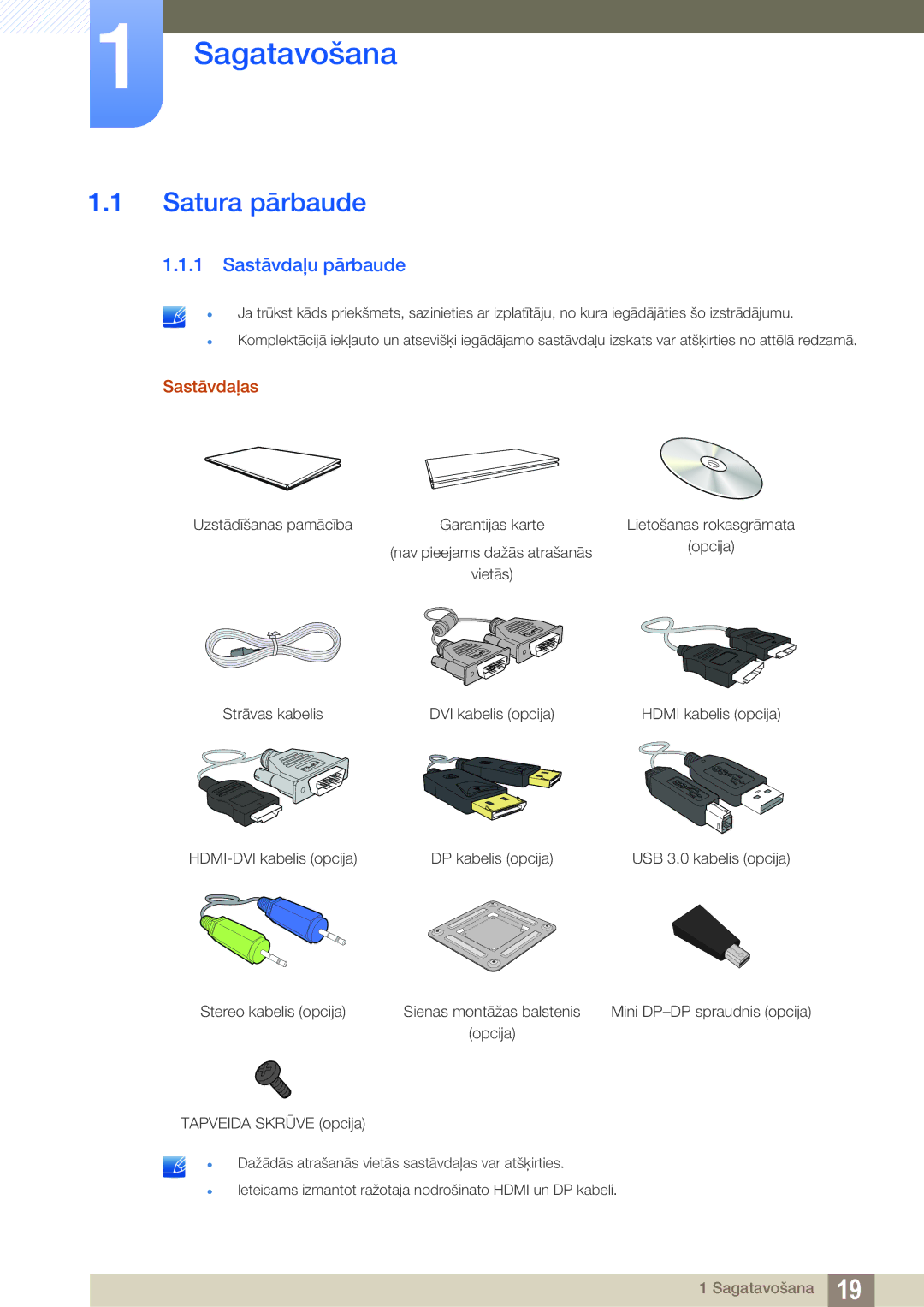 Samsung LS32D85KTSR/EN, LS27D85KTSN/EN manual Sagatavošana, Satura pārbaude, Sastāvdaļu pārbaude, Sastāvdaļas 