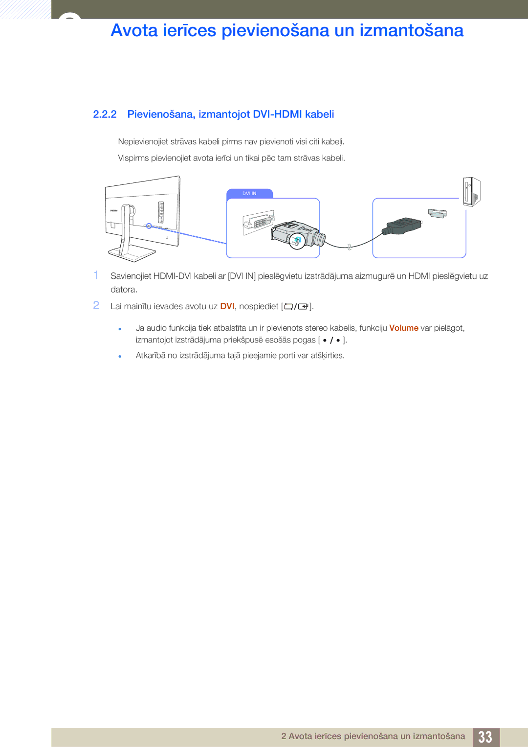 Samsung LS32D85KTSR/EN, LS27D85KTSN/EN manual Pievienošana, izmantojot DVI-HDMI kabeli 