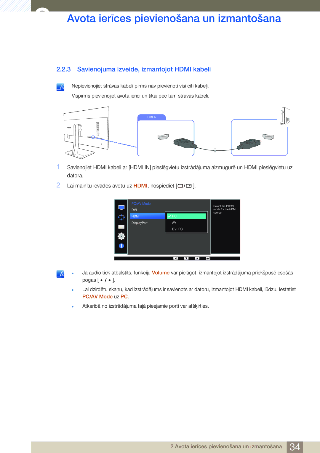 Samsung LS27D85KTSN/EN, LS32D85KTSR/EN manual Savienojuma izveide, izmantojot Hdmi kabeli 