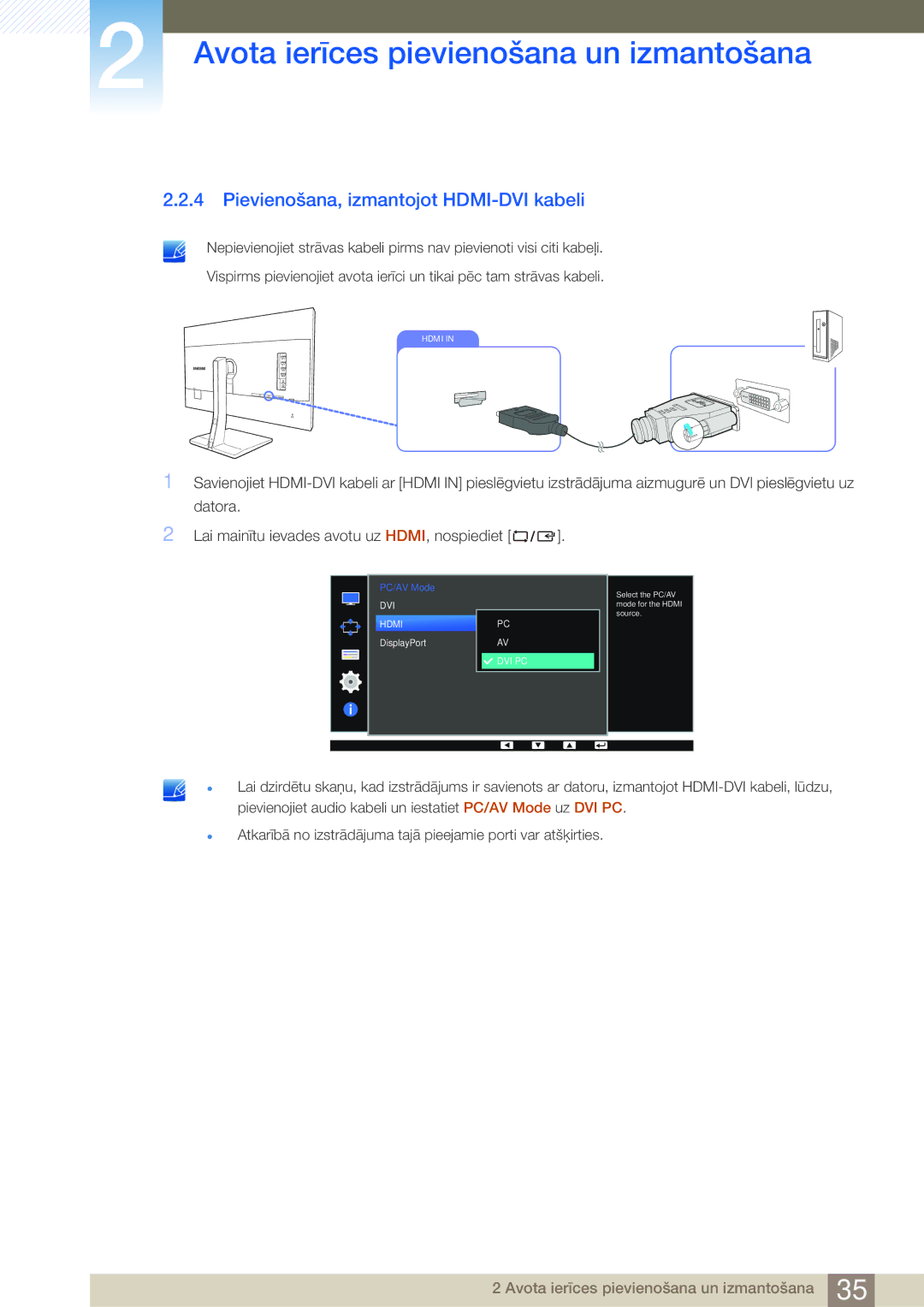 Samsung LS32D85KTSR/EN, LS27D85KTSN/EN manual Pievienošana, izmantojot HDMI-DVI kabeli 