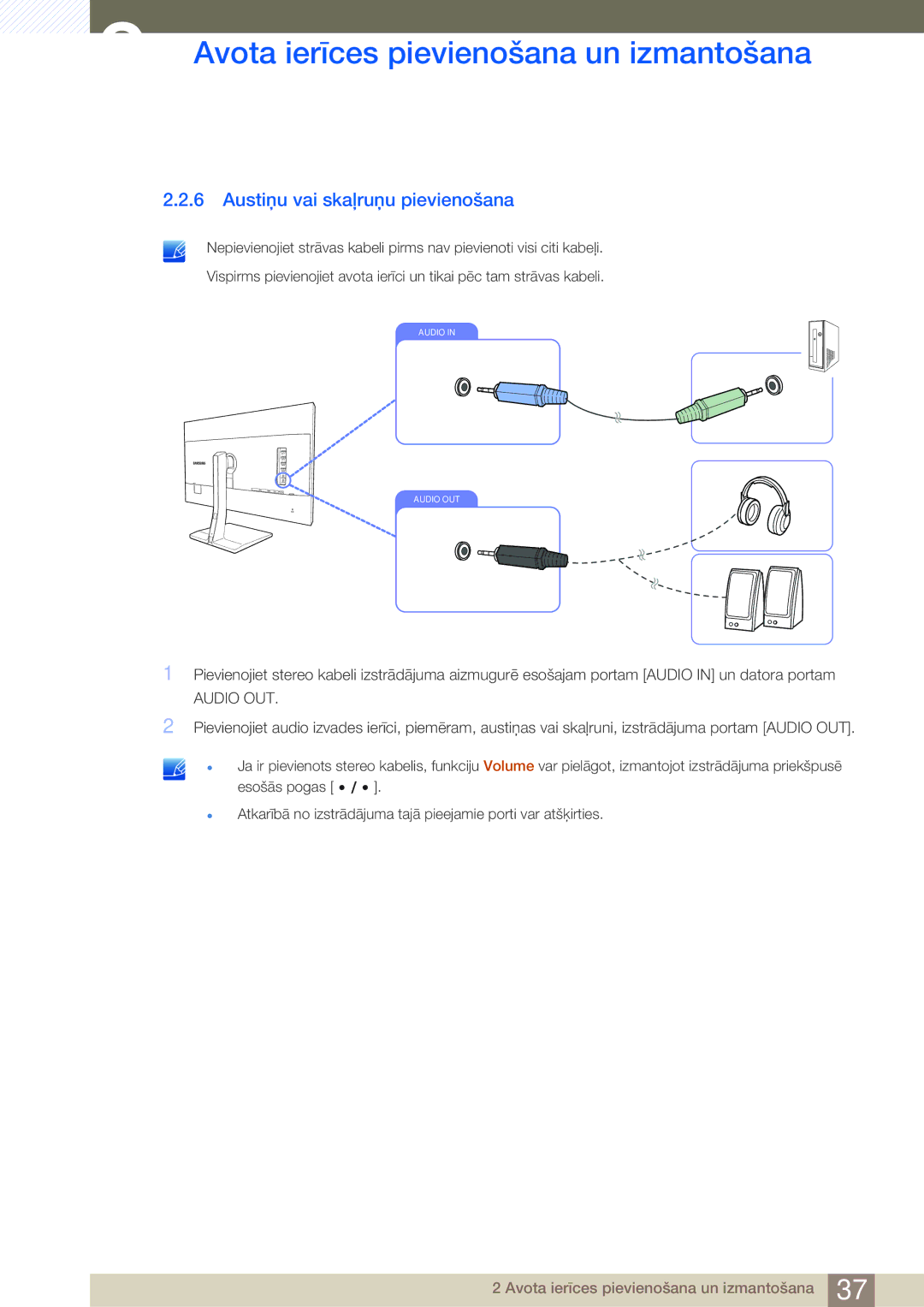 Samsung LS32D85KTSR/EN, LS27D85KTSN/EN manual Austiņu vai skaļruņu pievienošana, Audio OUT 