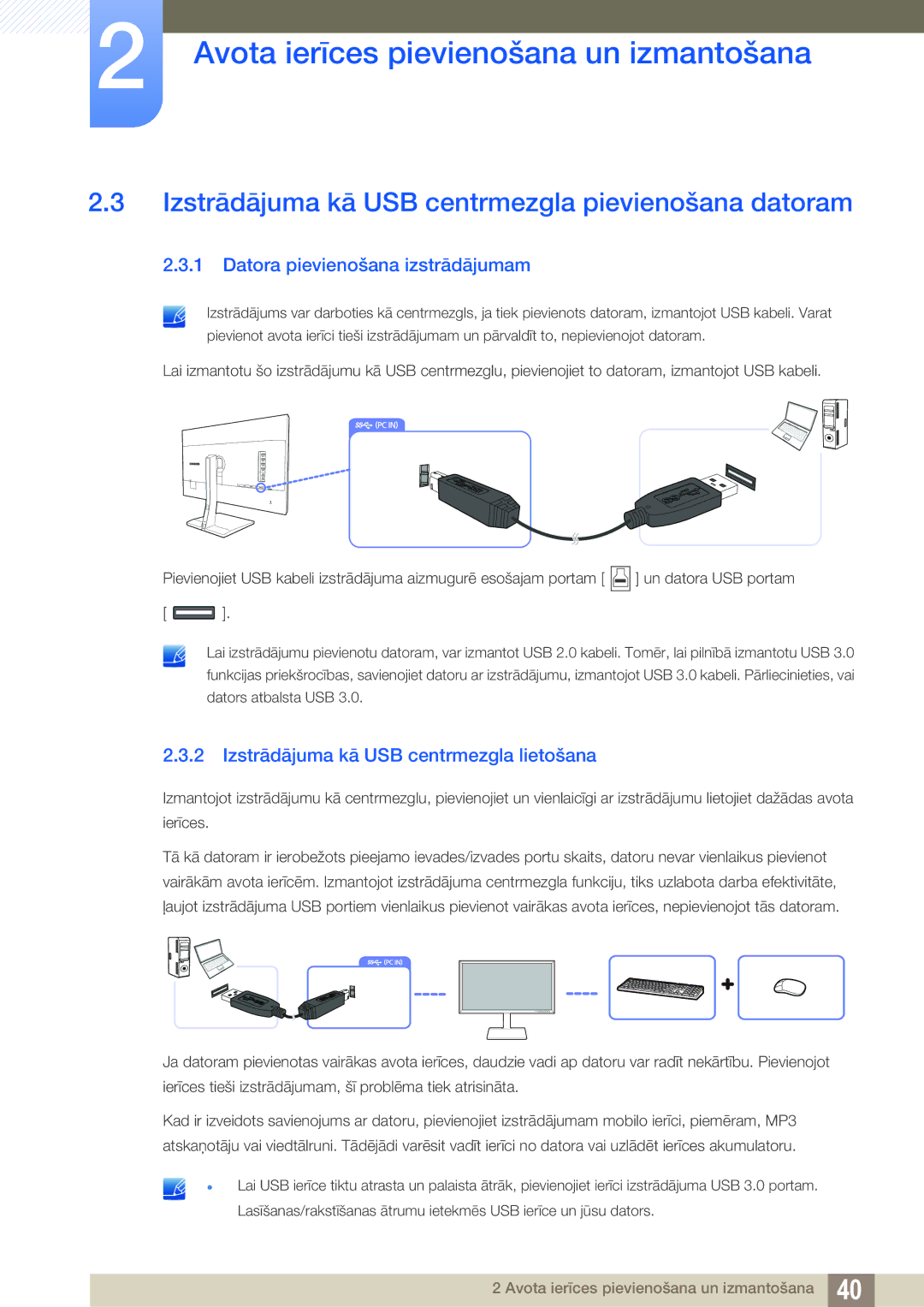 Samsung LS27D85KTSN/EN manual Izstrādājuma kā USB centrmezgla pievienošana datoram, Datora pievienošana izstrādājumam 