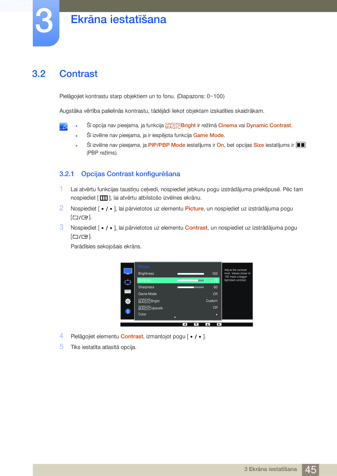 Samsung LS32D85KTSR/EN, LS27D85KTSN/EN manual Opcijas Contrast konfigurēšana 