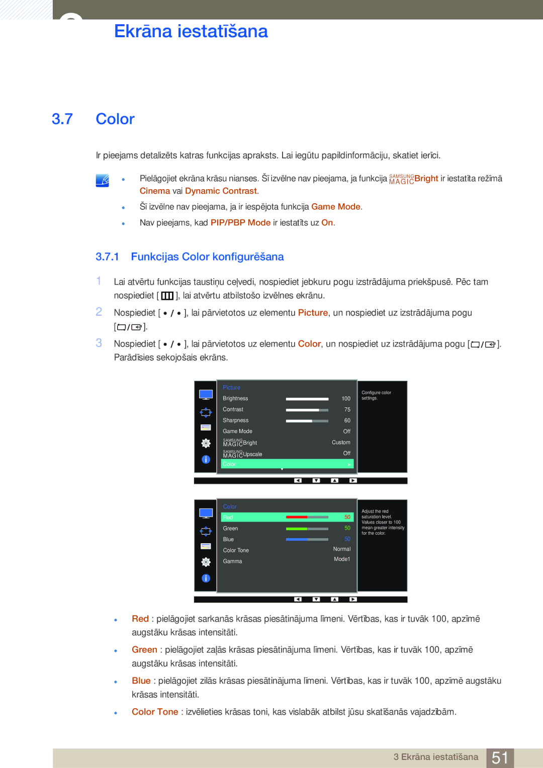 Samsung LS32D85KTSR/EN, LS27D85KTSN/EN manual Funkcijas Color konfigurēšana 