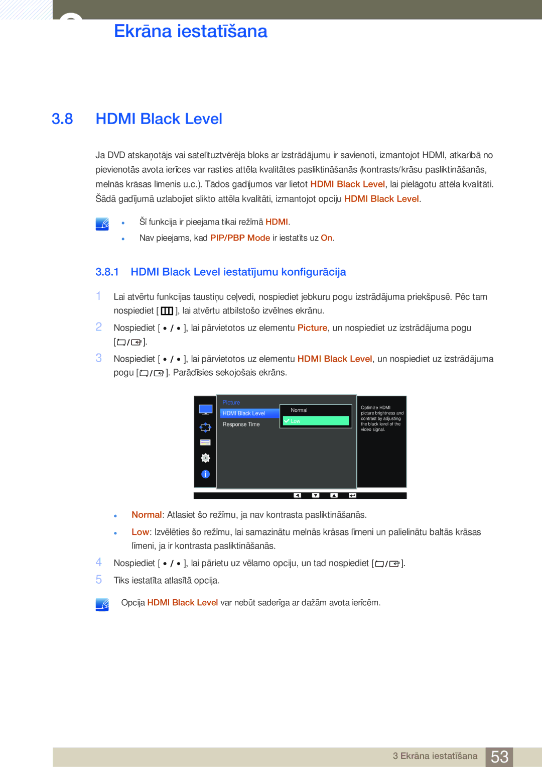 Samsung LS32D85KTSR/EN, LS27D85KTSN/EN manual Hdmi Black Level iestatījumu konfigurācija 