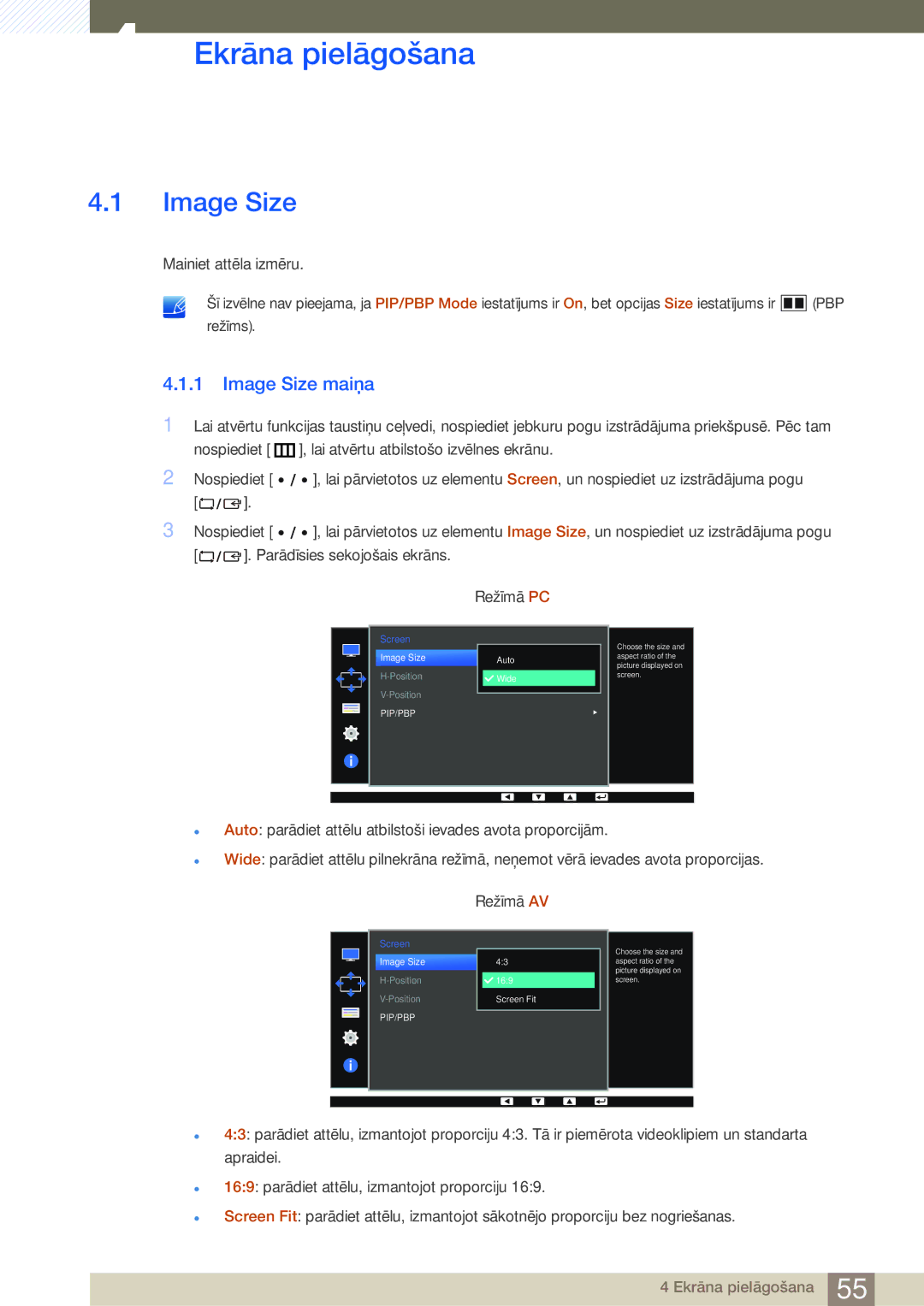 Samsung LS32D85KTSR/EN, LS27D85KTSN/EN manual Ekrāna pielāgošana, Image Size maiņa 