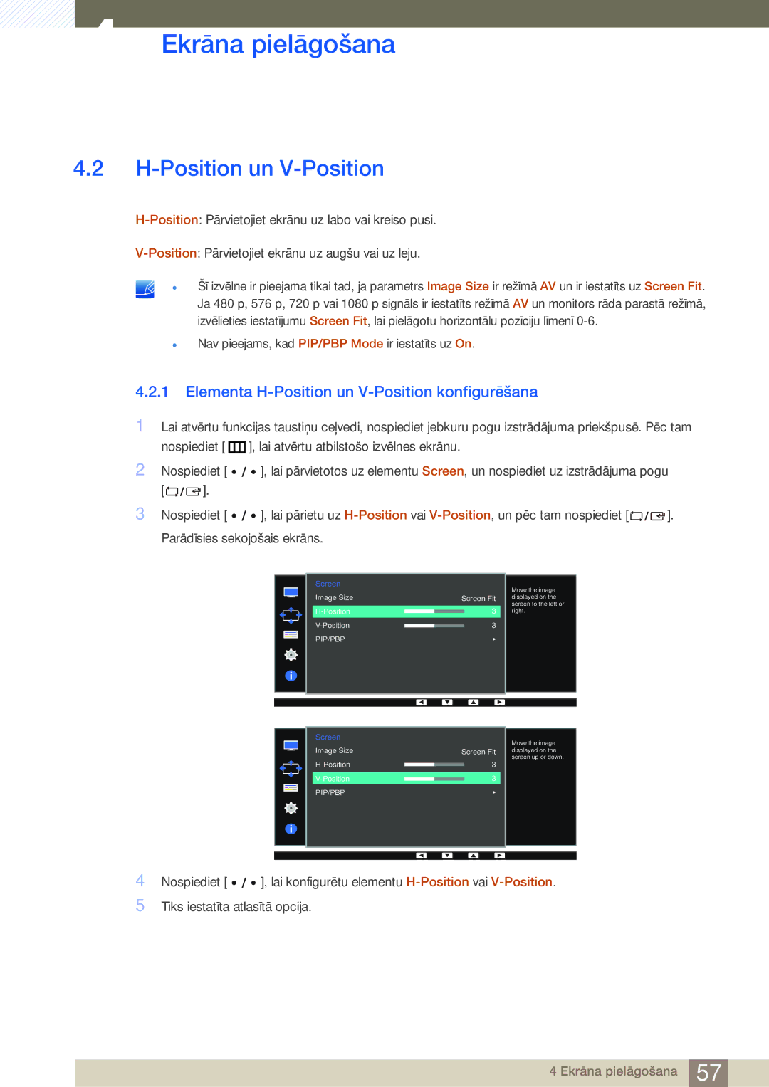 Samsung LS32D85KTSR/EN, LS27D85KTSN/EN manual Elementa H-Position un V-Position konfigurēšana 