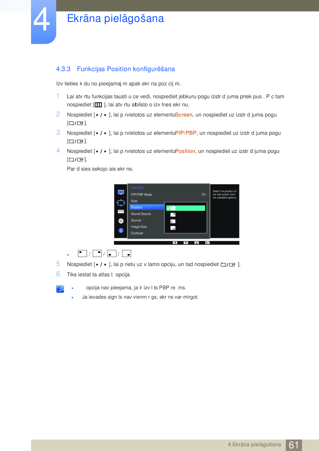 Samsung LS32D85KTSR/EN, LS27D85KTSN/EN manual Funkcijas Position konfigurēšana 