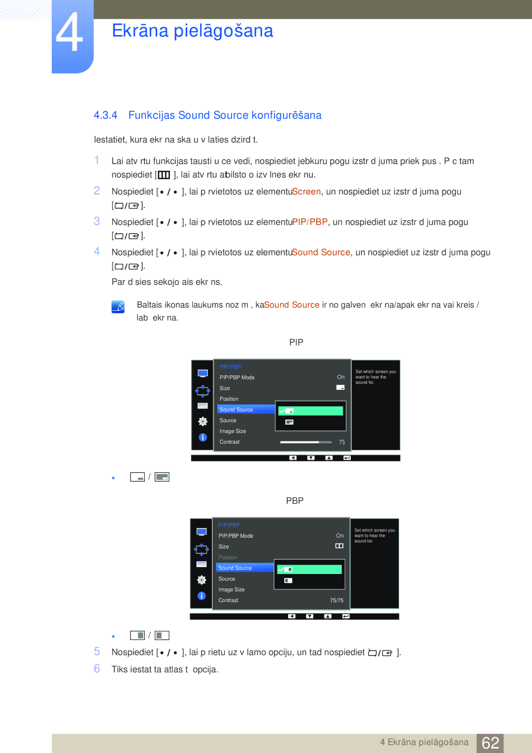 Samsung LS27D85KTSN/EN, LS32D85KTSR/EN manual Funkcijas Sound Source konfigurēšana, Pip 