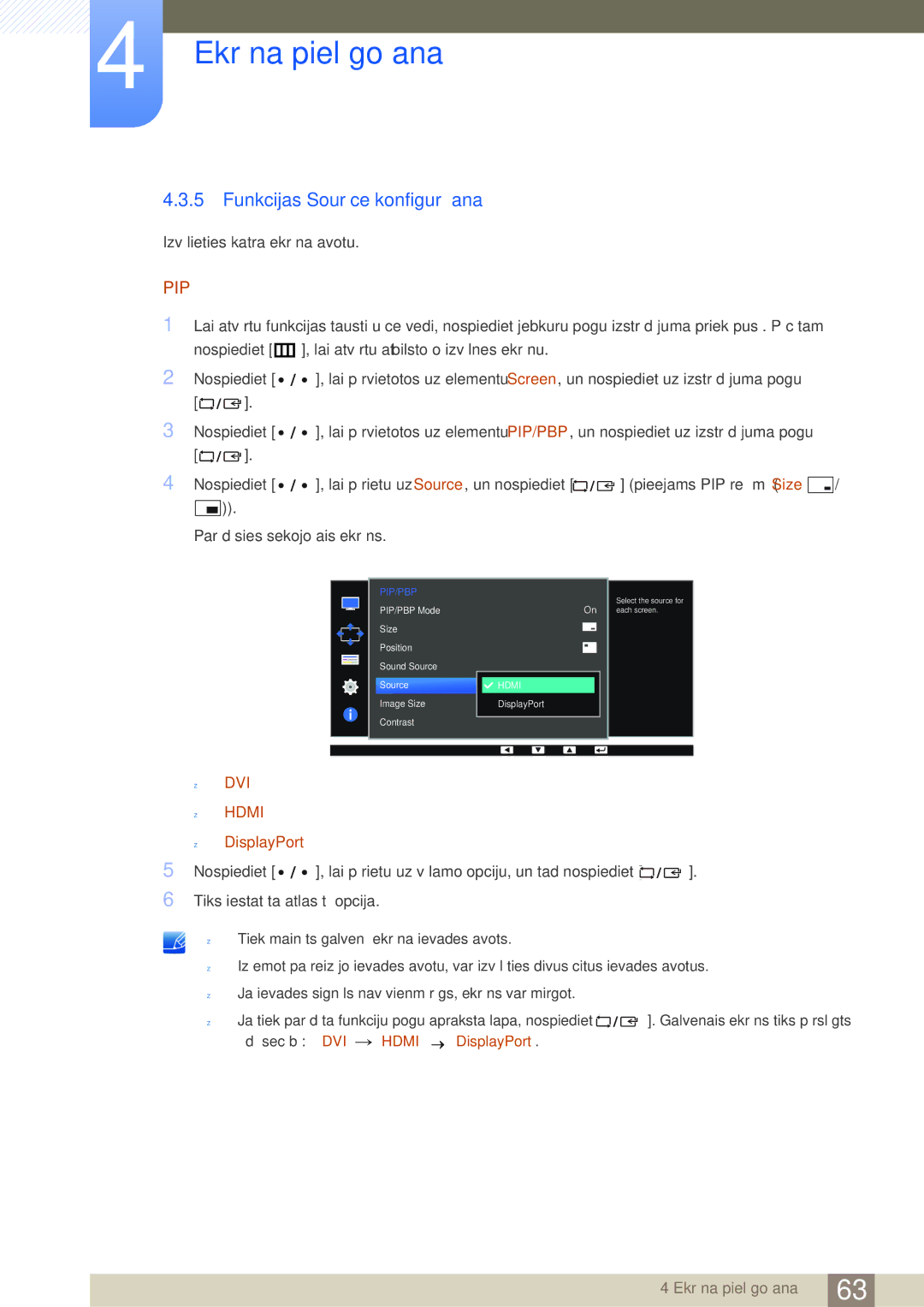 Samsung LS32D85KTSR/EN, LS27D85KTSN/EN manual Funkcijas Source konfigurēšana, Pip 