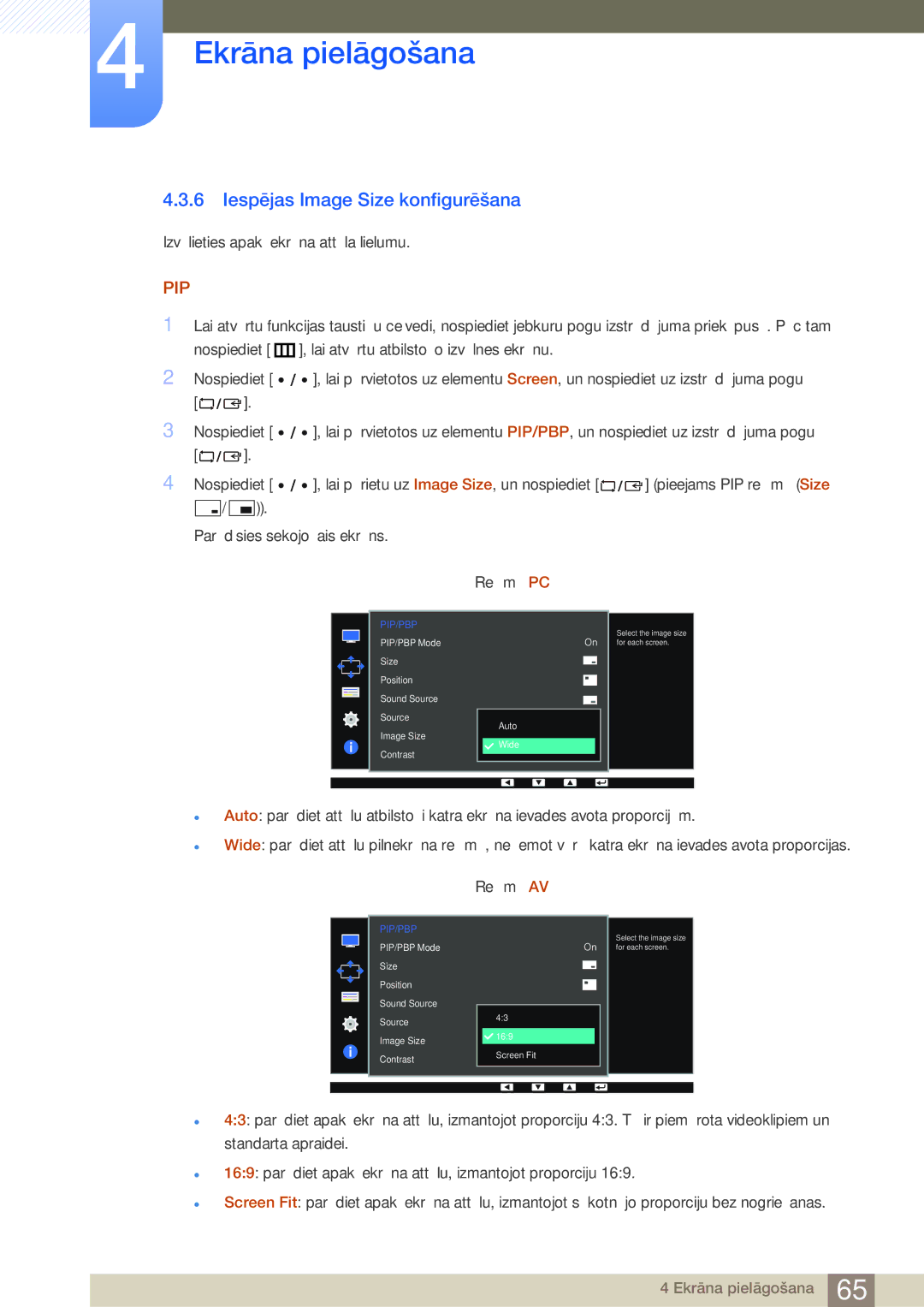 Samsung LS32D85KTSR/EN, LS27D85KTSN/EN manual Iespējas Image Size konfigurēšana, Parādīsies sekojošais ekrāns Režīmā PC 