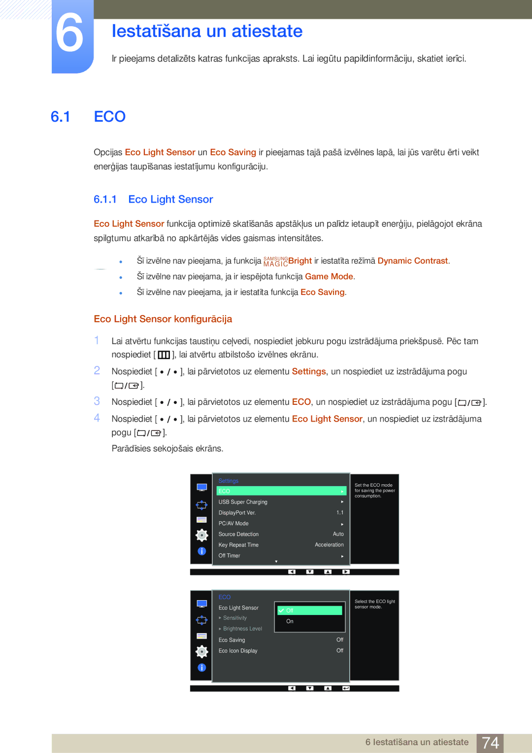 Samsung LS27D85KTSN/EN, LS32D85KTSR/EN manual Iestatīšana un atiestate, Eco Light Sensor konfigurācija 