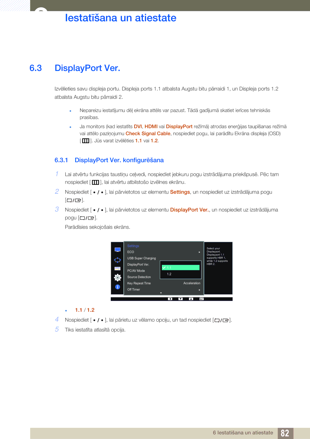 Samsung LS27D85KTSN/EN, LS32D85KTSR/EN manual DisplayPort Ver. konfigurēšana 