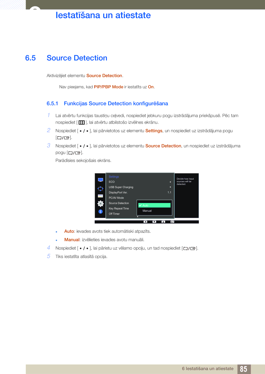 Samsung LS32D85KTSR/EN, LS27D85KTSN/EN manual Funkcijas Source Detection konfigurēšana 