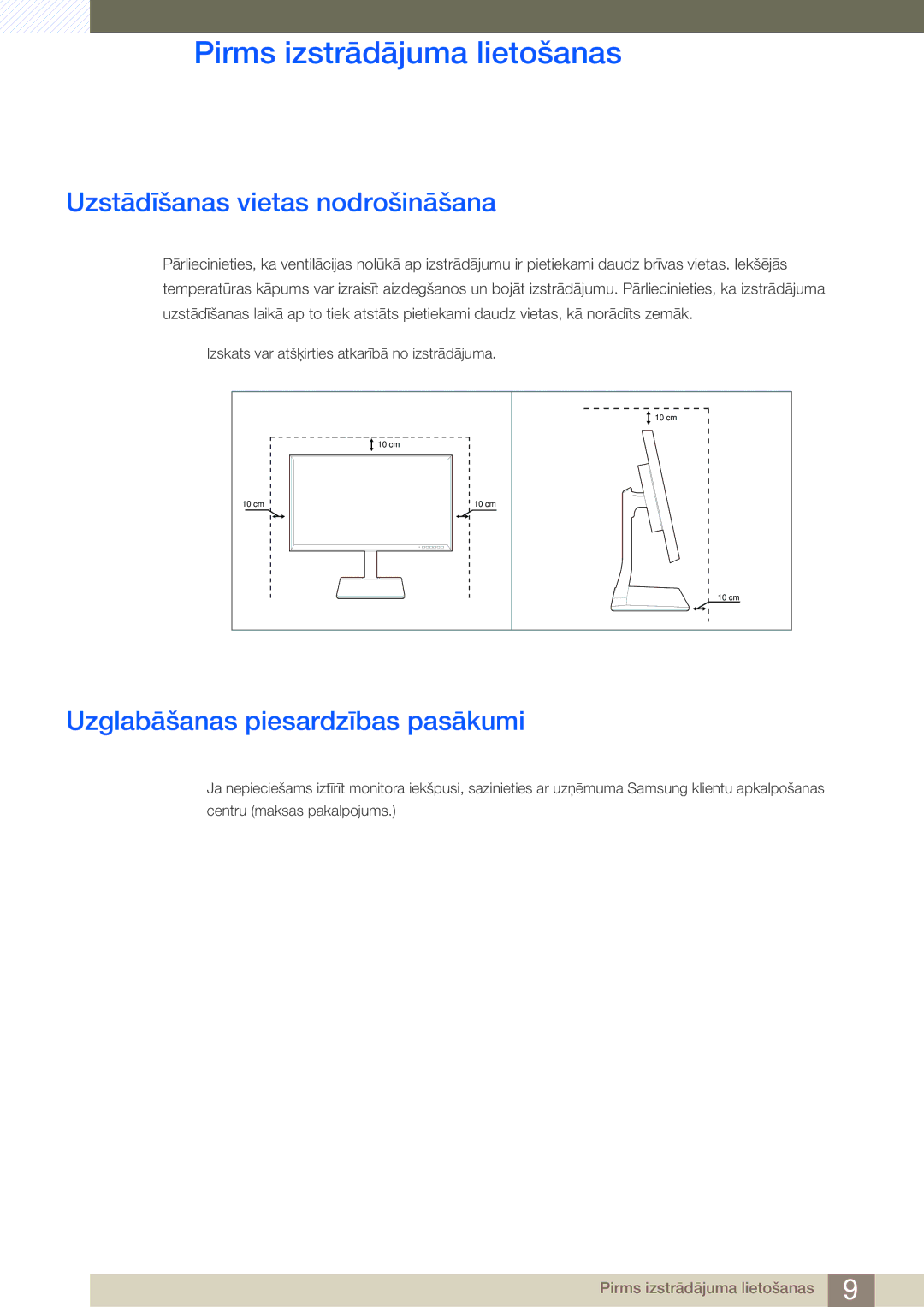 Samsung LS32D85KTSR/EN, LS27D85KTSN/EN manual Uzstādīšanas vietas nodrošināšana, Uzglabāšanas piesardzības pasākumi 