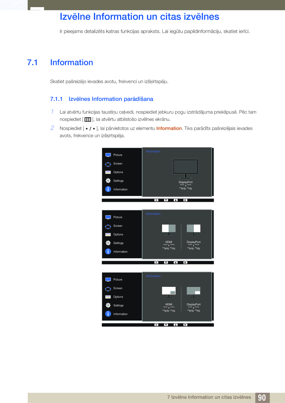 Samsung LS27D85KTSN/EN, LS32D85KTSR/EN manual Izvēlne Information un citas izvēlnes, 1 Izvēlnes Information parādīšana 