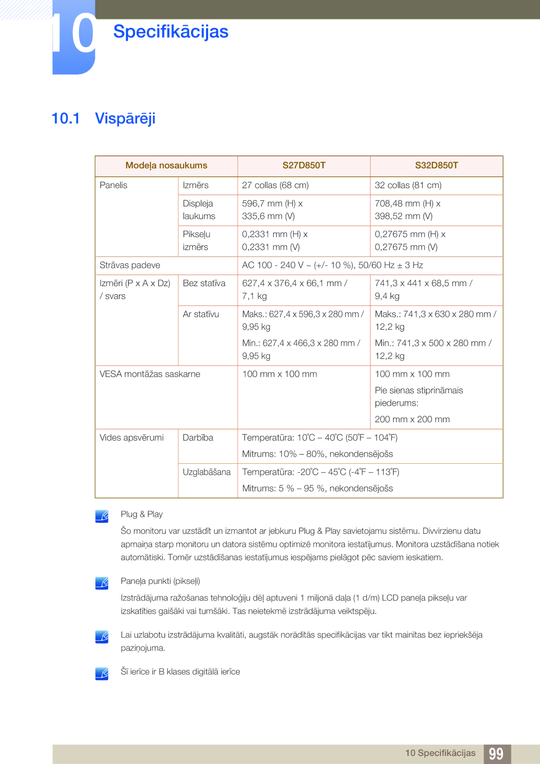 Samsung LS32D85KTSR/EN, LS27D85KTSN/EN manual Specifikācijas, Vispārēji 