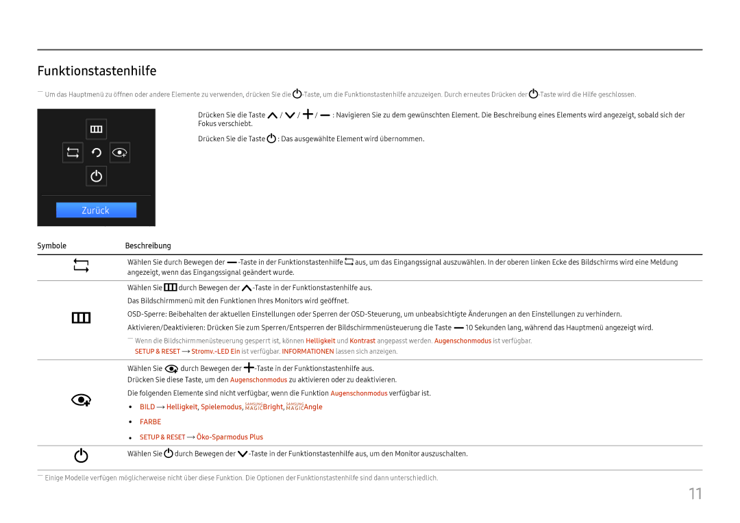 Samsung LS27E330HSX/EN manual Funktionstastenhilfe, Zurück 