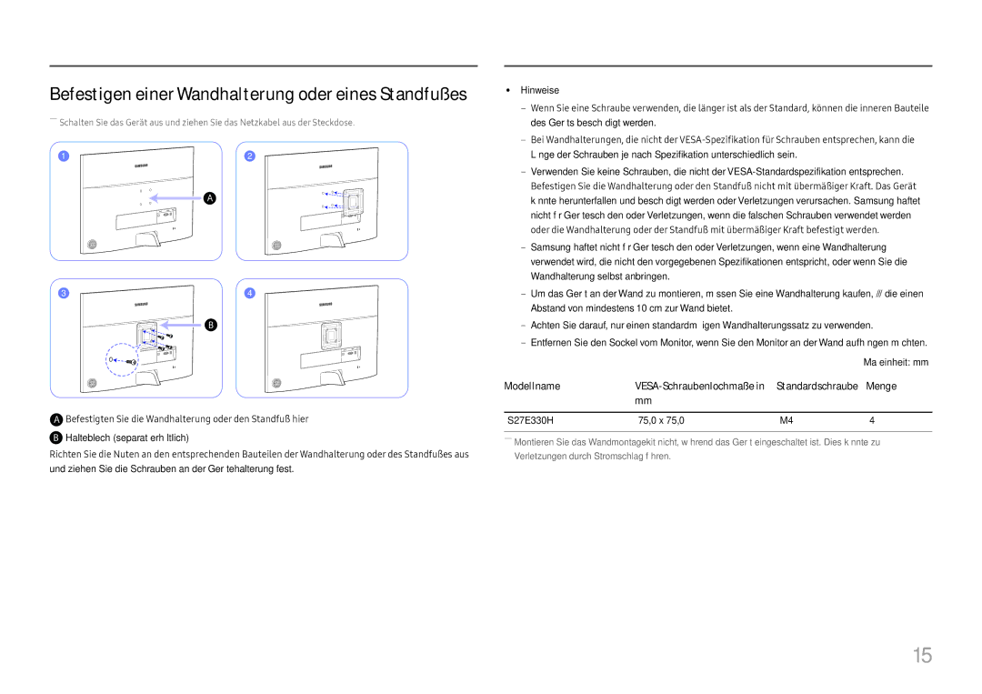 Samsung LS27E330HSX/EN manual Befestigen einer Wandhalterung oder eines Standfußes 