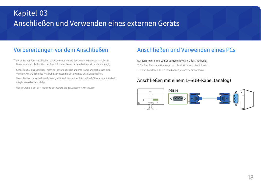 Samsung LS27E330HSX/EN manual Anschließen und Verwenden eines externen Geräts, Vorbereitungen vor dem Anschließen 