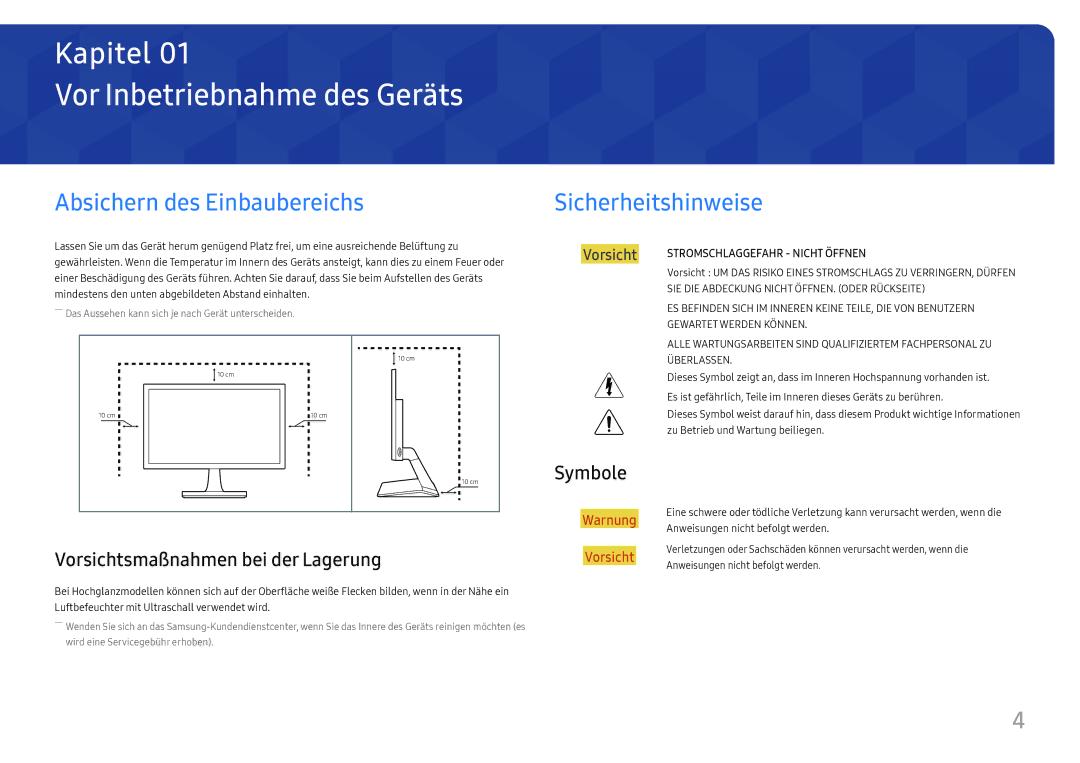 Samsung LS27E330HSX/EN manual Vor Inbetriebnahme des Geräts, Absichern des Einbaubereichs, Sicherheitshinweise, Symbole 