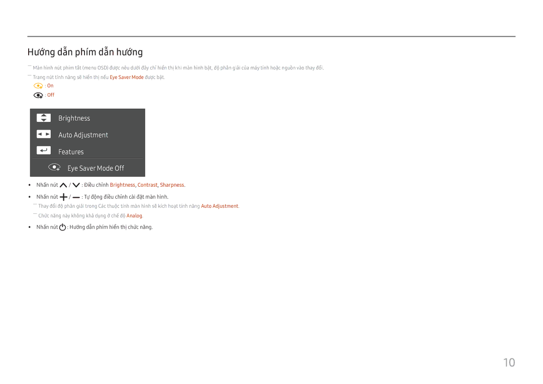Samsung LS27E330HS/XV manual Hương dân phím dân hương, Brightness Auto Adjustment Features Eye Saver Mode Off 
