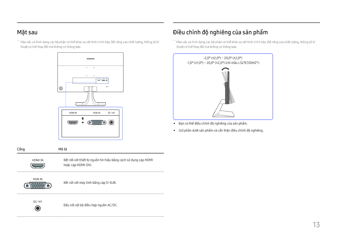 Samsung LS27E330HS/XV manual Mặt sau, Điều chỉnh độ nghiêng của sản phẩm 