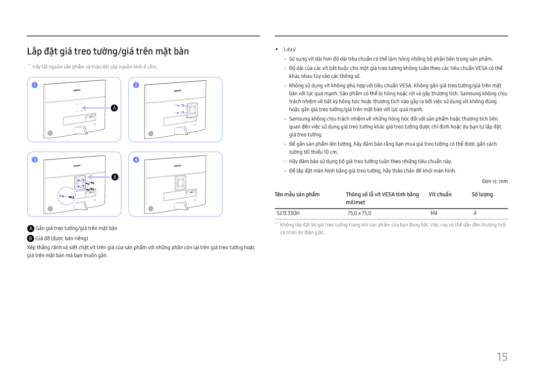 Samsung LS27E330HS/XV manual Lắp đặt giá treo tường/gia trên măt bàn, S27E330H 75,0 x 75,0 