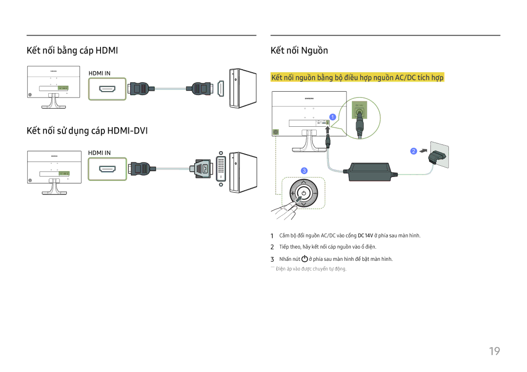 Samsung LS27E330HS/XV manual Kêt nôi bằng cap Hdmi, Kết nối sử dụng cáp HDMI-DVI, Kết nối Nguồn 