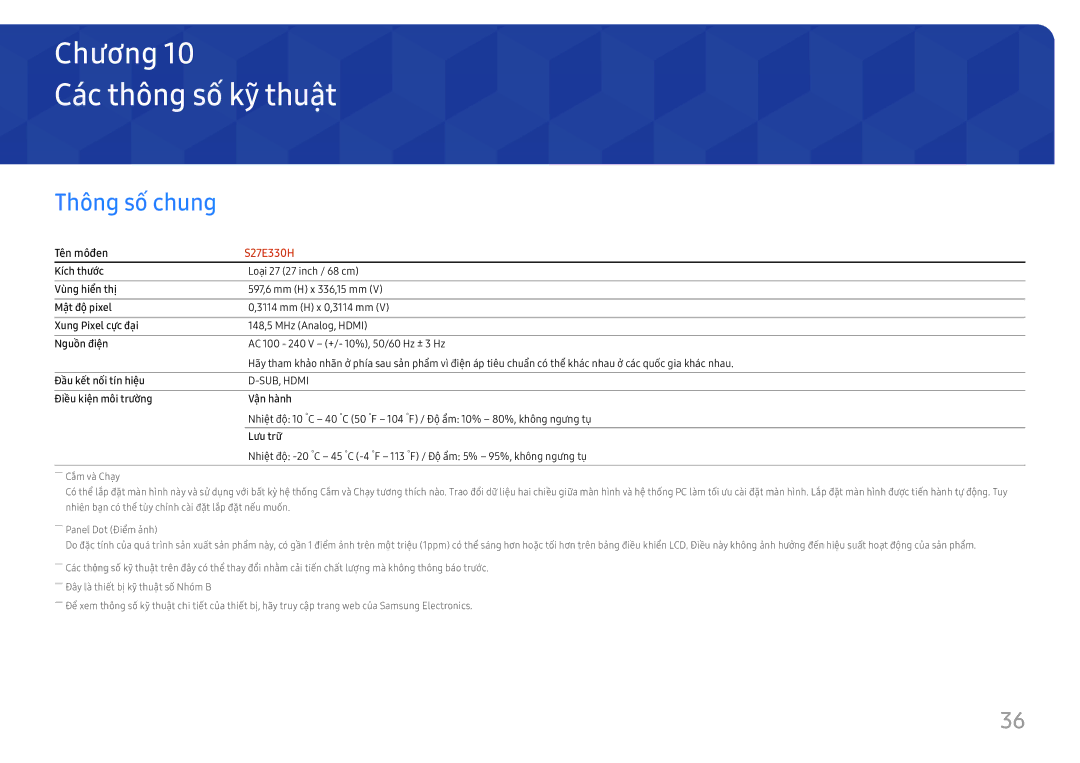 Samsung LS27E330HS/XV manual Cac thông số kỹ thuậ̣t, Thông sô chung 