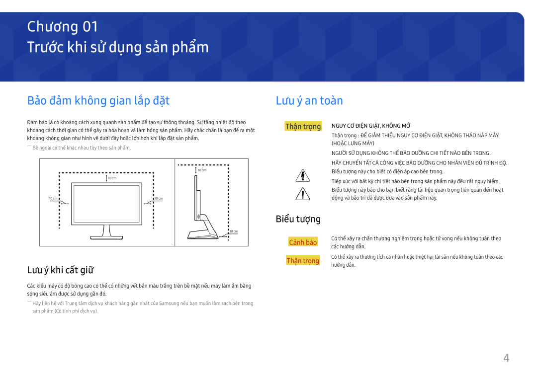 Samsung LS27E330HS/XV manual Trươc khi sư dung san phẩm, Bảo đảm không gian lắp đặt Lưu ý an toàn, Biêu tượng 