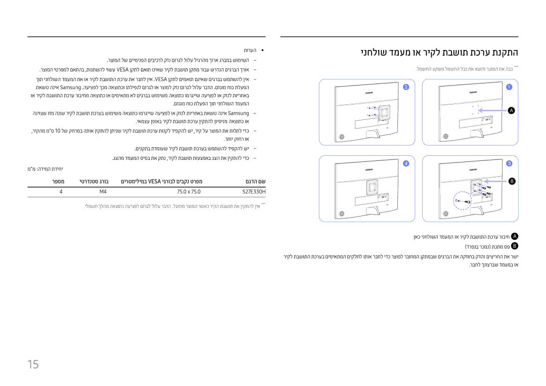 Samsung LS27E330HZX/CH ינחלוש דמעמ וא ריקל תבשות תכרע תנקתה, רפסמ יטרדנטס גרוב םירטמילימב Vesa יגרובל םיבקנ טרפמ םגדה םש 